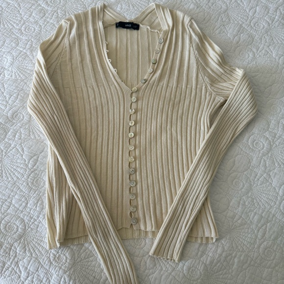 Mango Cream Ribbed Button-Front Cardigan - Picture 4 of 8